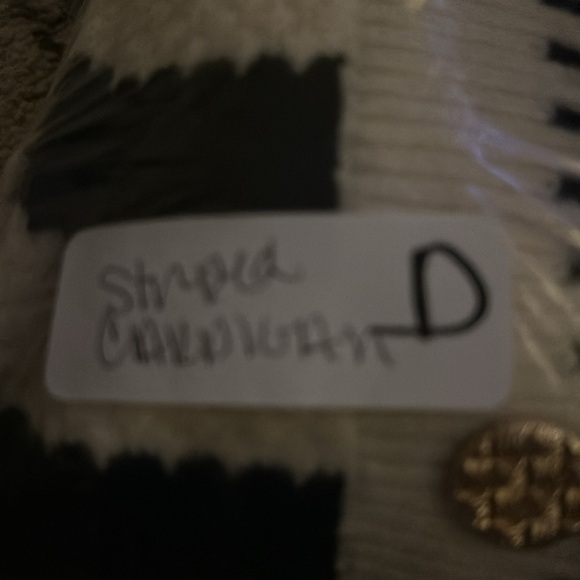 Black & White striped gold button down cable knit soft quiet luxury cardigan L - Picture 14 of 14